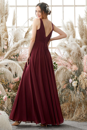 Robe de demoiselle d'honneur Bourgogne col en V en mousseline de soie